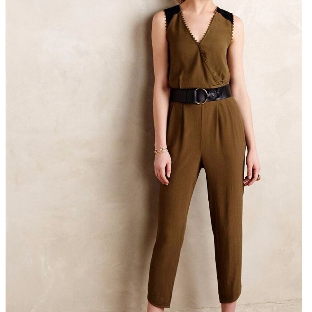 Leifsdottir Sani Olive and Black Lace Jumpsuit Anthropologie Size 8